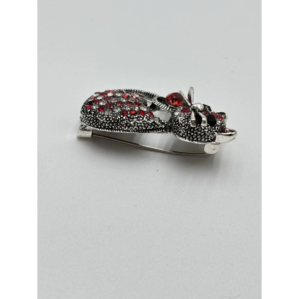Rhinestone Cat Brooch Red Crystal‎ Silver Tone Kitty Pin Heart Tail Mothers Day